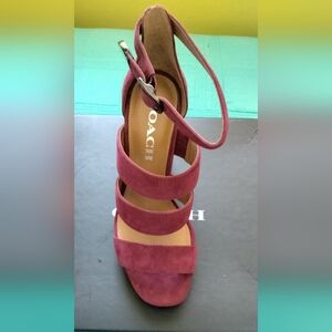 COACH Wine/Burgundy Women’s MARINA Triple-Strap Suede Block Heel -
